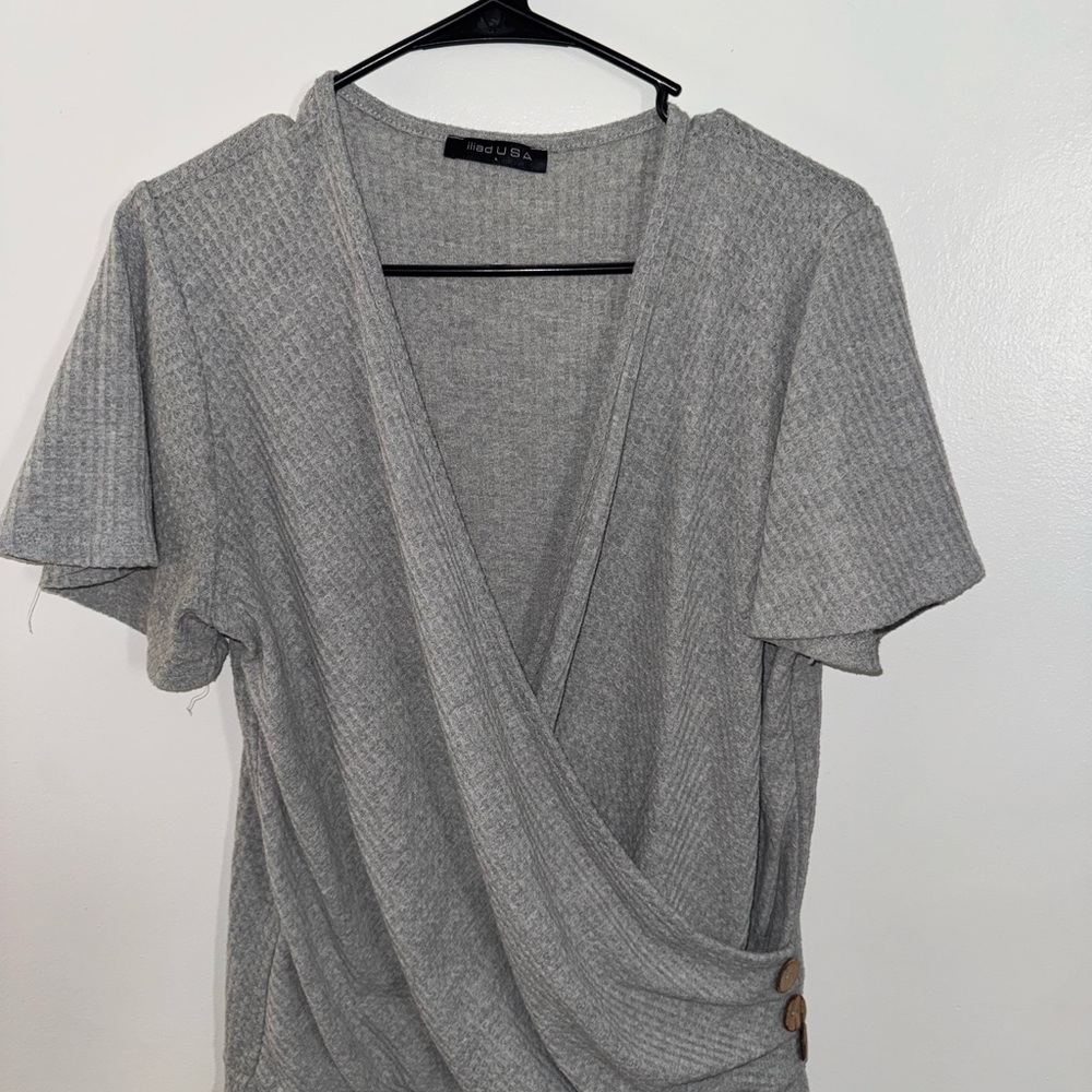 Gray Ribbed Wrap Blouse